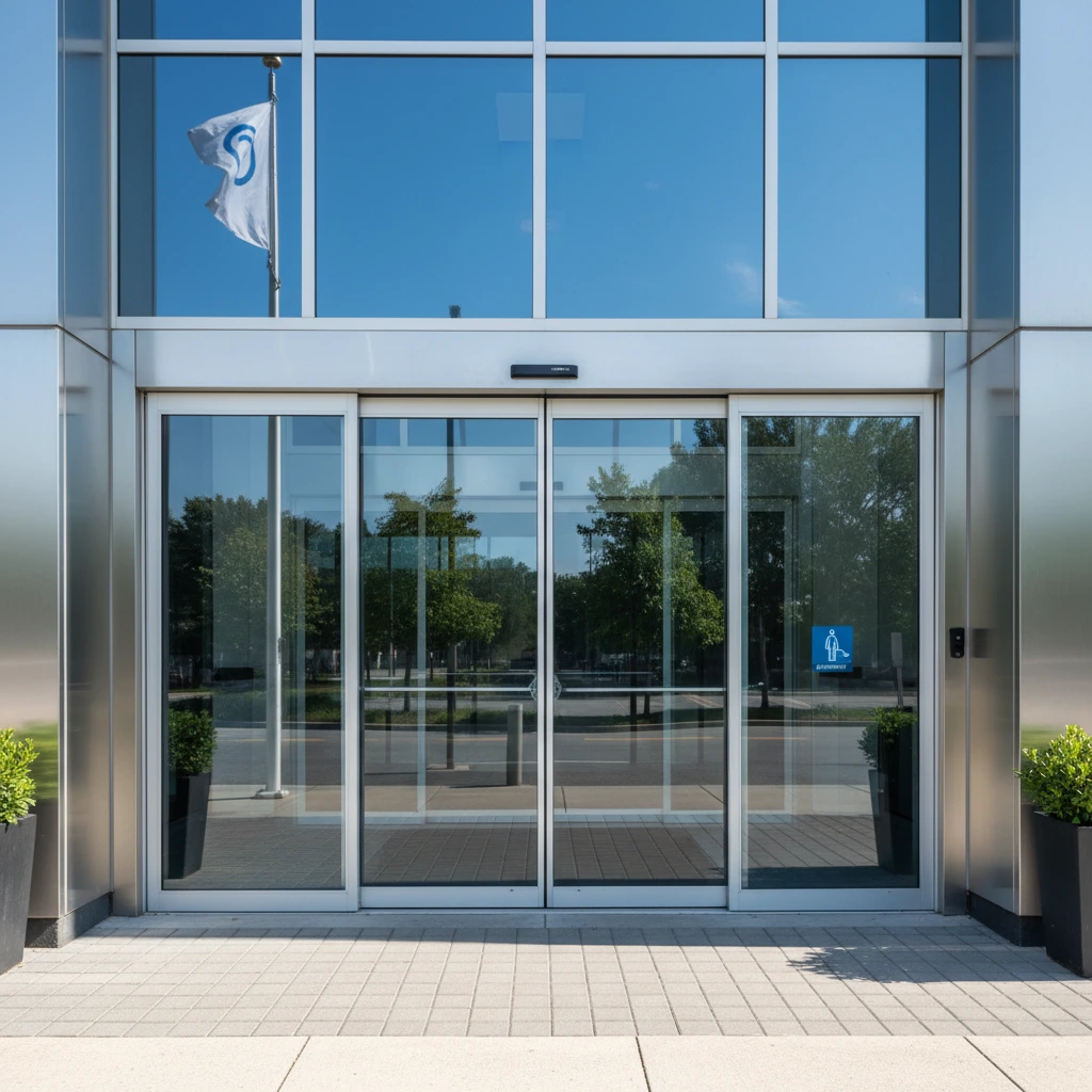 A commercial building with an automatic sliding glass entrance door