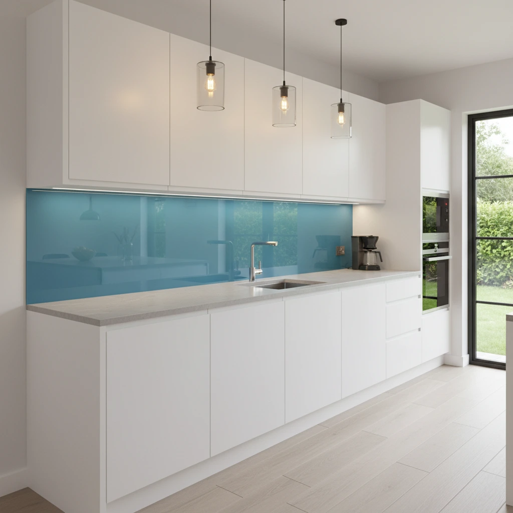 A sleek, modern kitchen with a custom back-painted glass backsplash