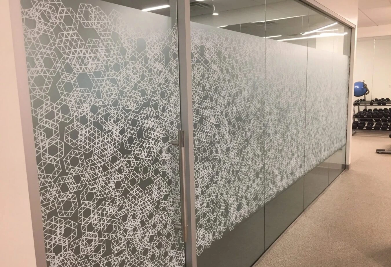 Decorative etched glass in a commercial lobby