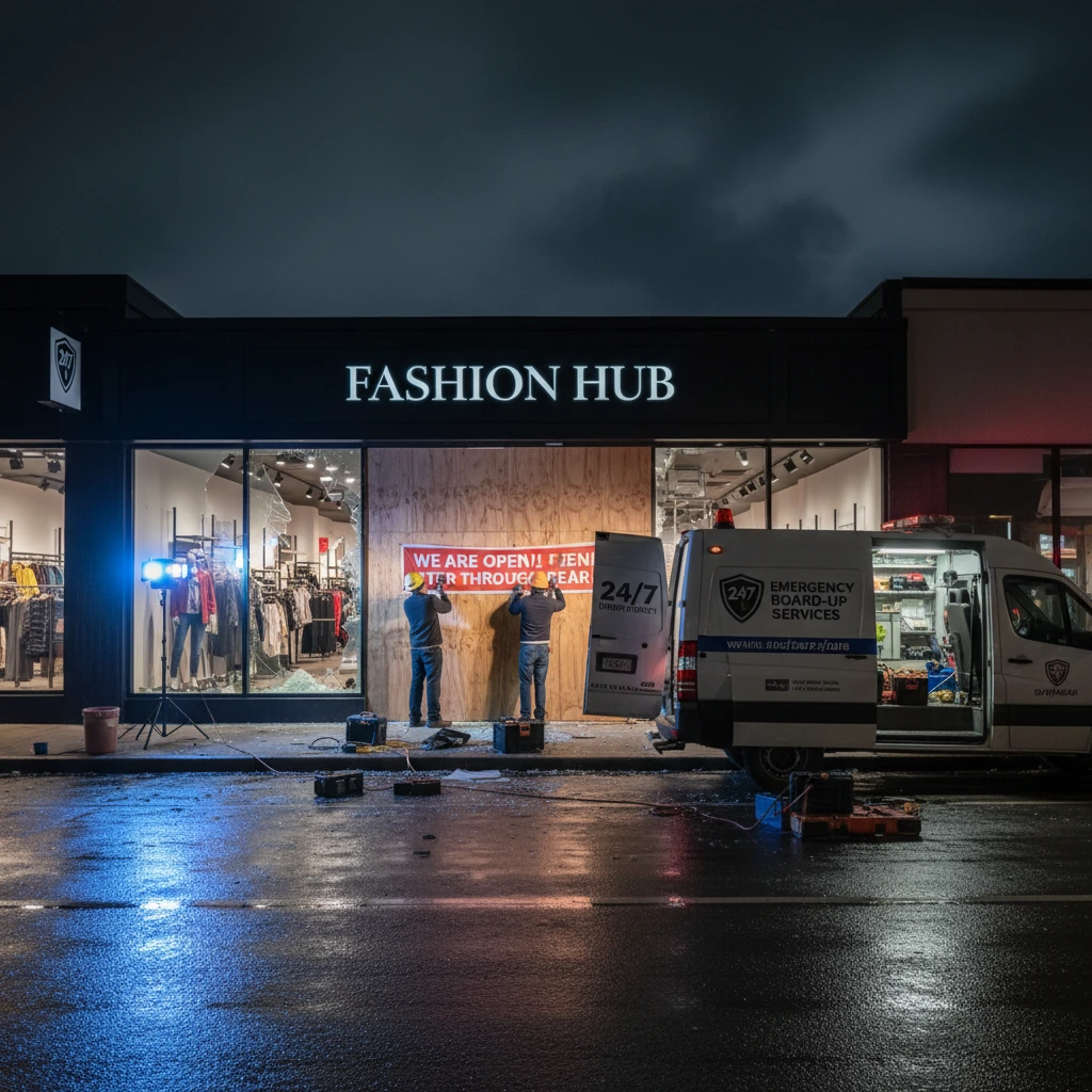 Close-up of a shattered residential window needing repair