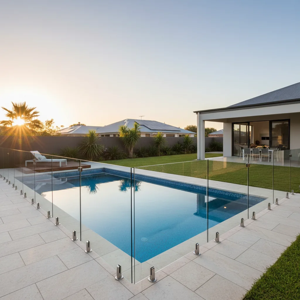 Frameless glass pool fencing in a backyard