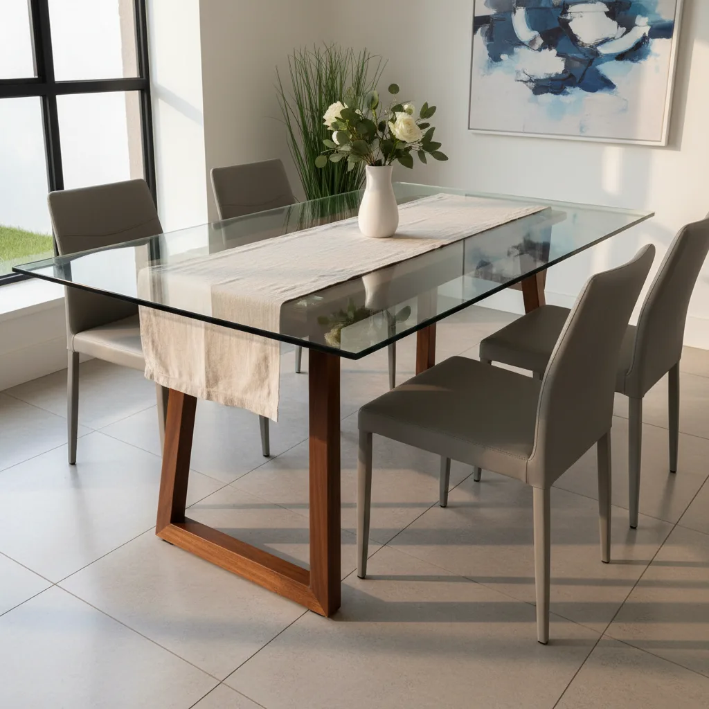 A beautiful custom-cut glass tabletop on a wooden dining table