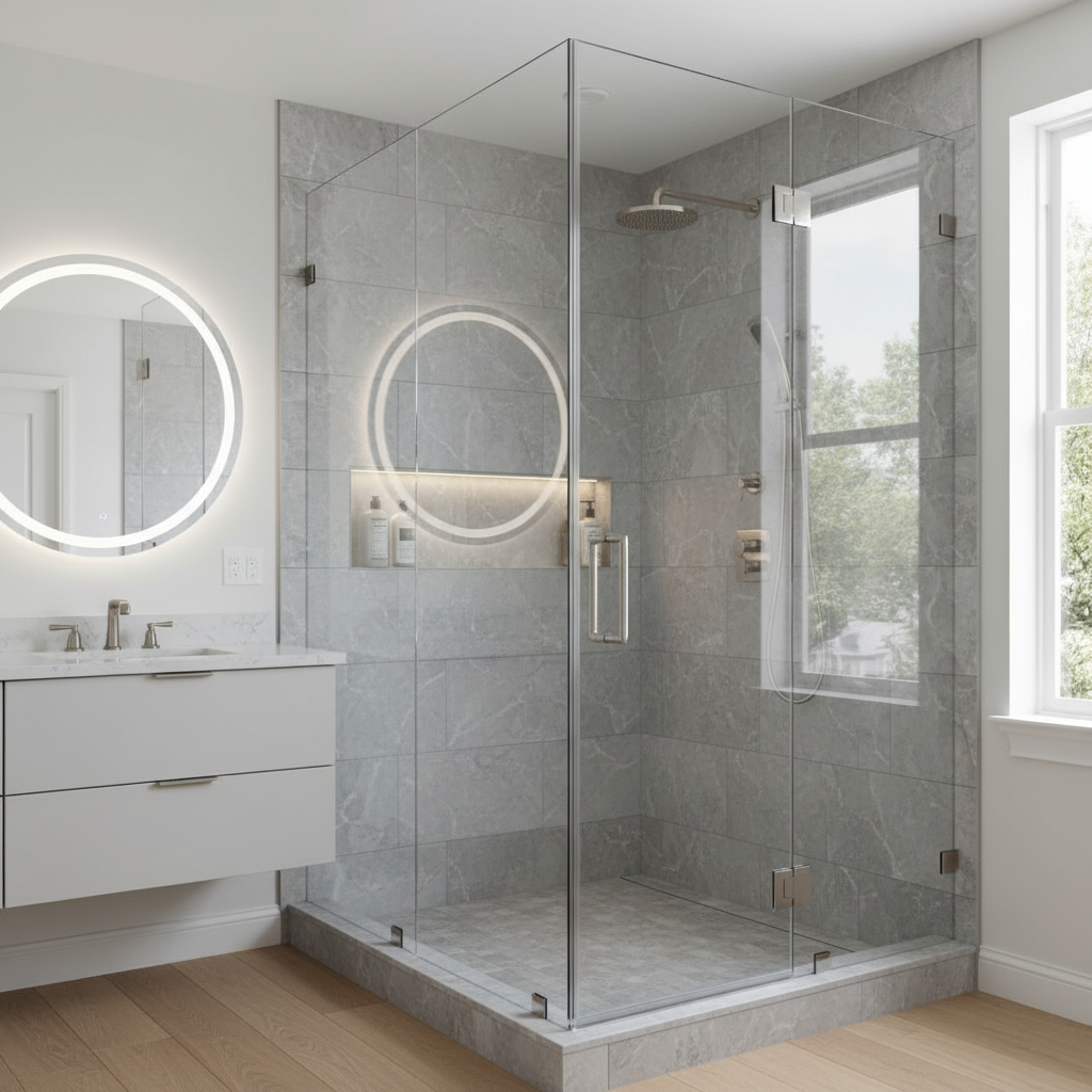 A modern, heavy frameless glass shower enclosure in a luxury bathroom