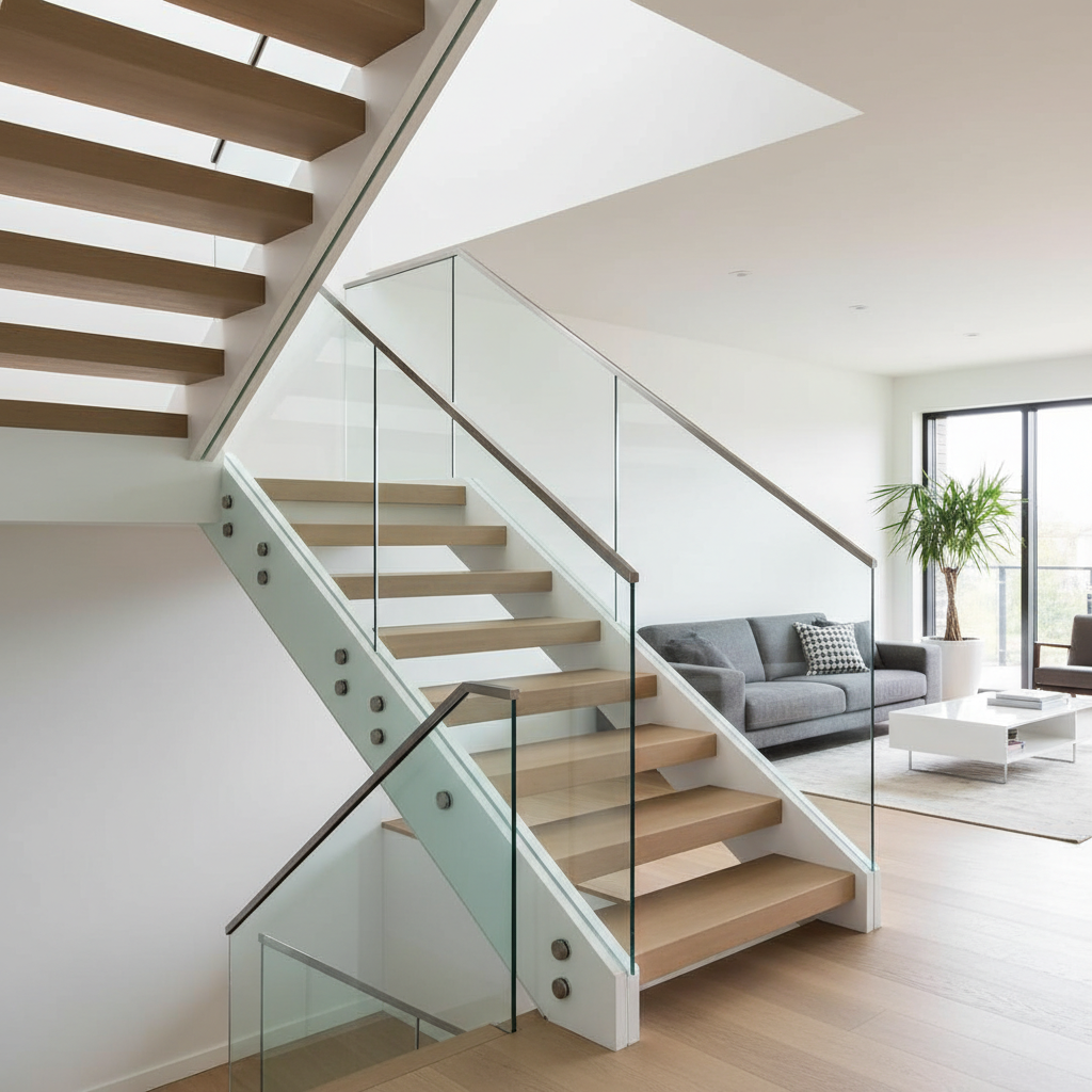 Interior glass railings for a modern staircase