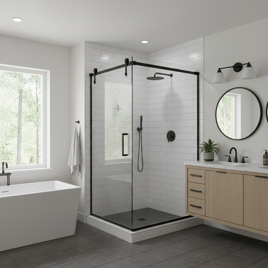 A bathroom featuring a stylish sliding barn-door style shower enclosure
